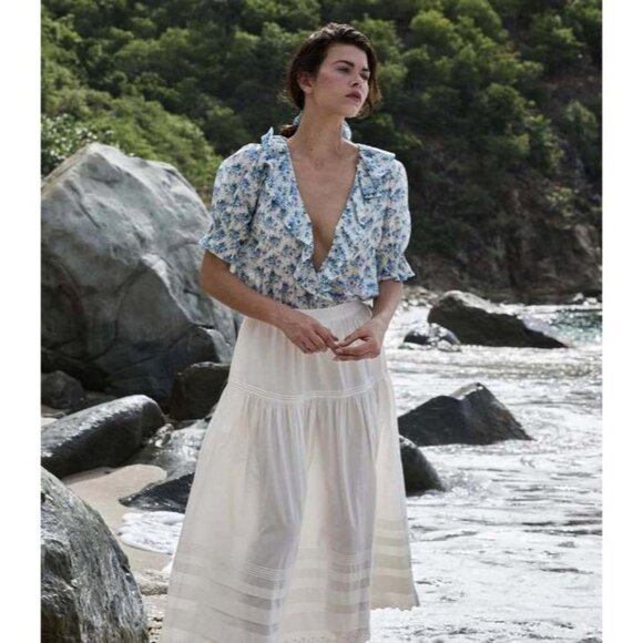 Doen Henri Ruffle Blouse S Blue Floral Cotton Top Feminine Cottagecore - Picture 3 of 11